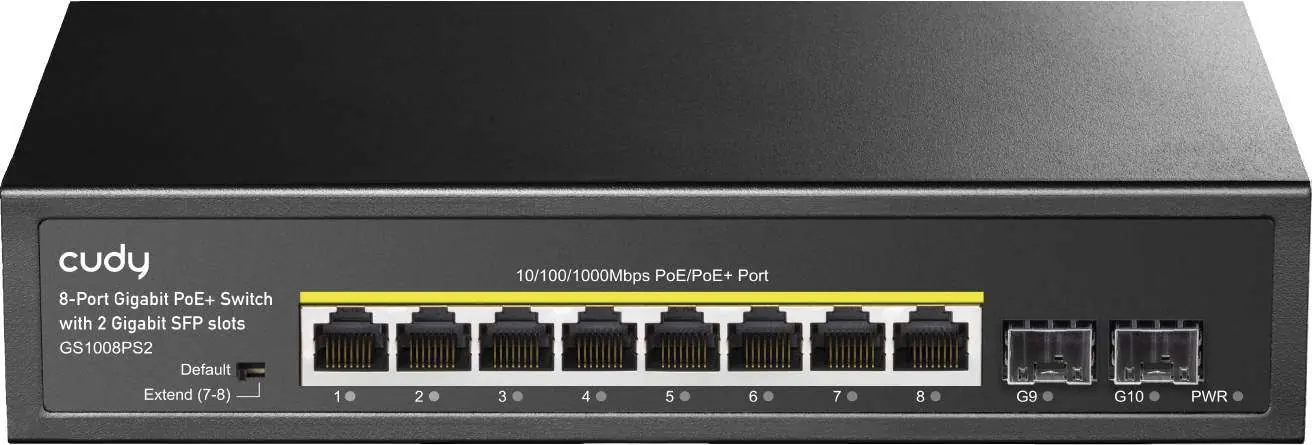 Front panel of the Cudy GS 1008PS2 showing PoE ports, SFP slots, and DIP switch.