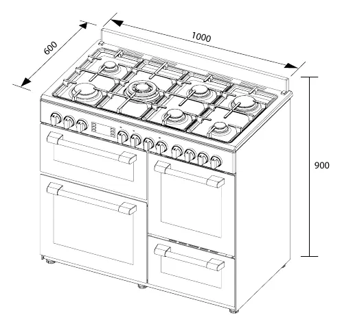 Technical diagram showing the dimensions of the AFGR1047B cooker.
