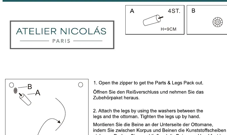Assembly diagram showing leg and washer placement