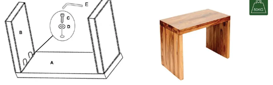 Exploded view of the desk assembly showing parts A, B, C, D, and E.