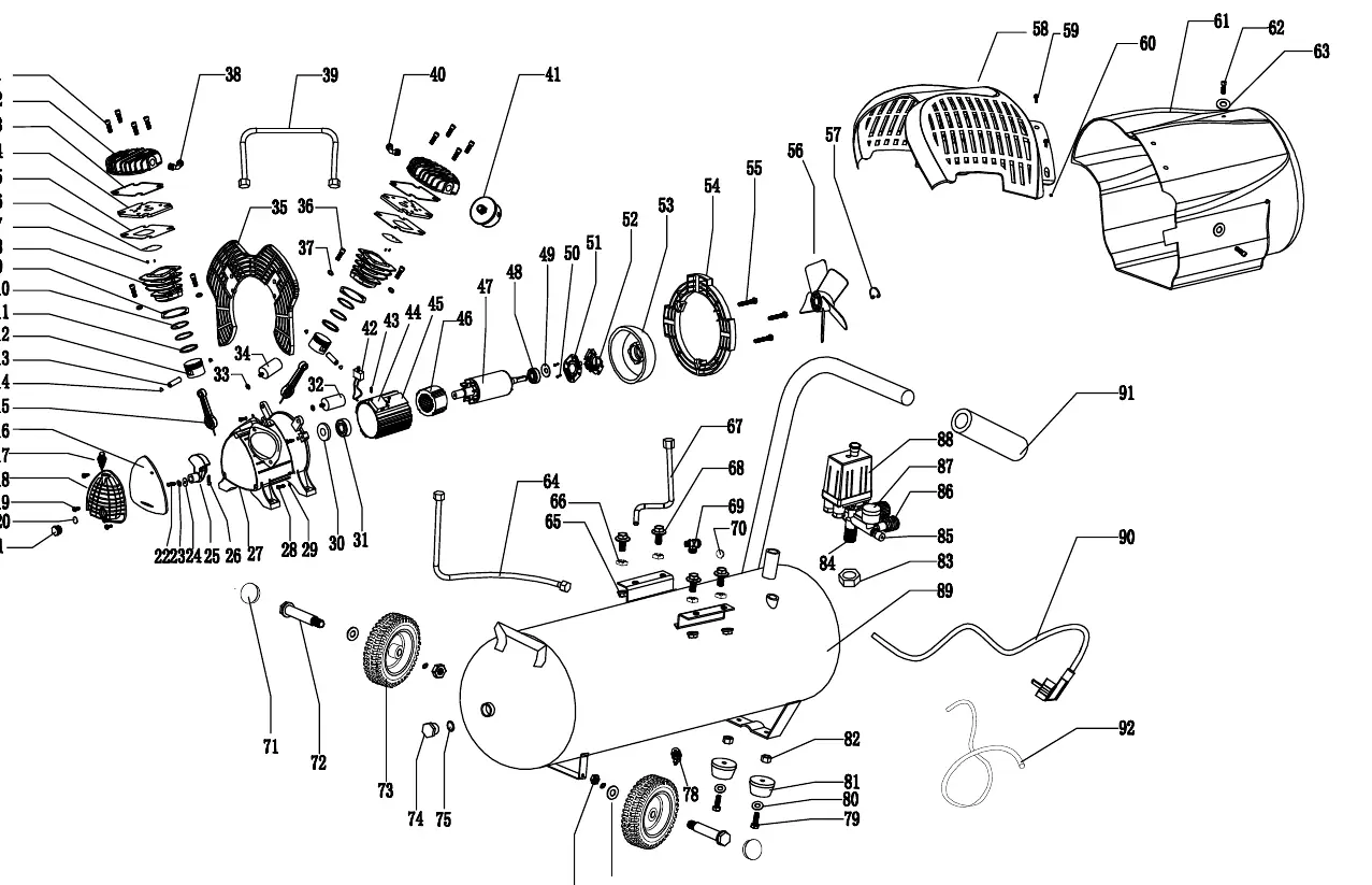 Exploded view diagram of the Scheppach HC 100dc air compressor.