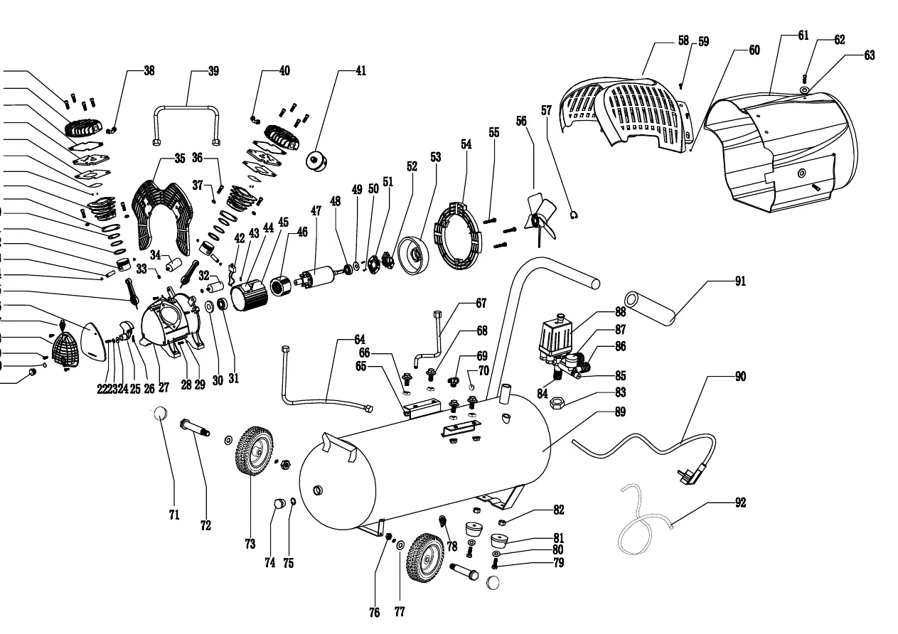 Exploded view diagram of the Scheppach HC 100dc compressor