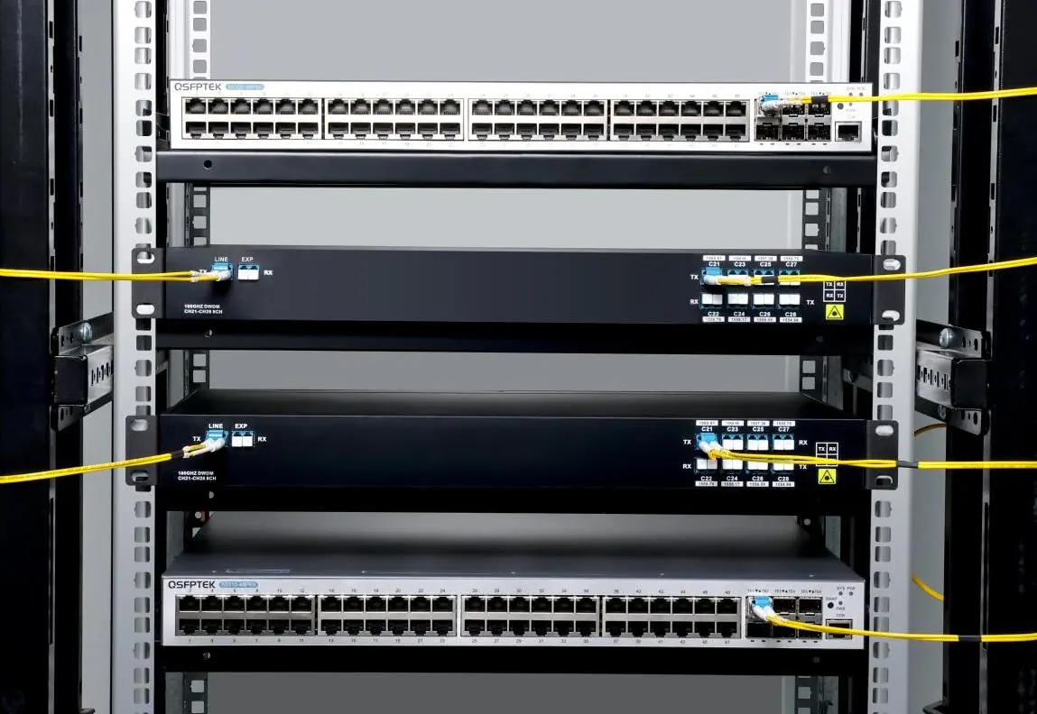Fiber cable connection setup in a rack environment.