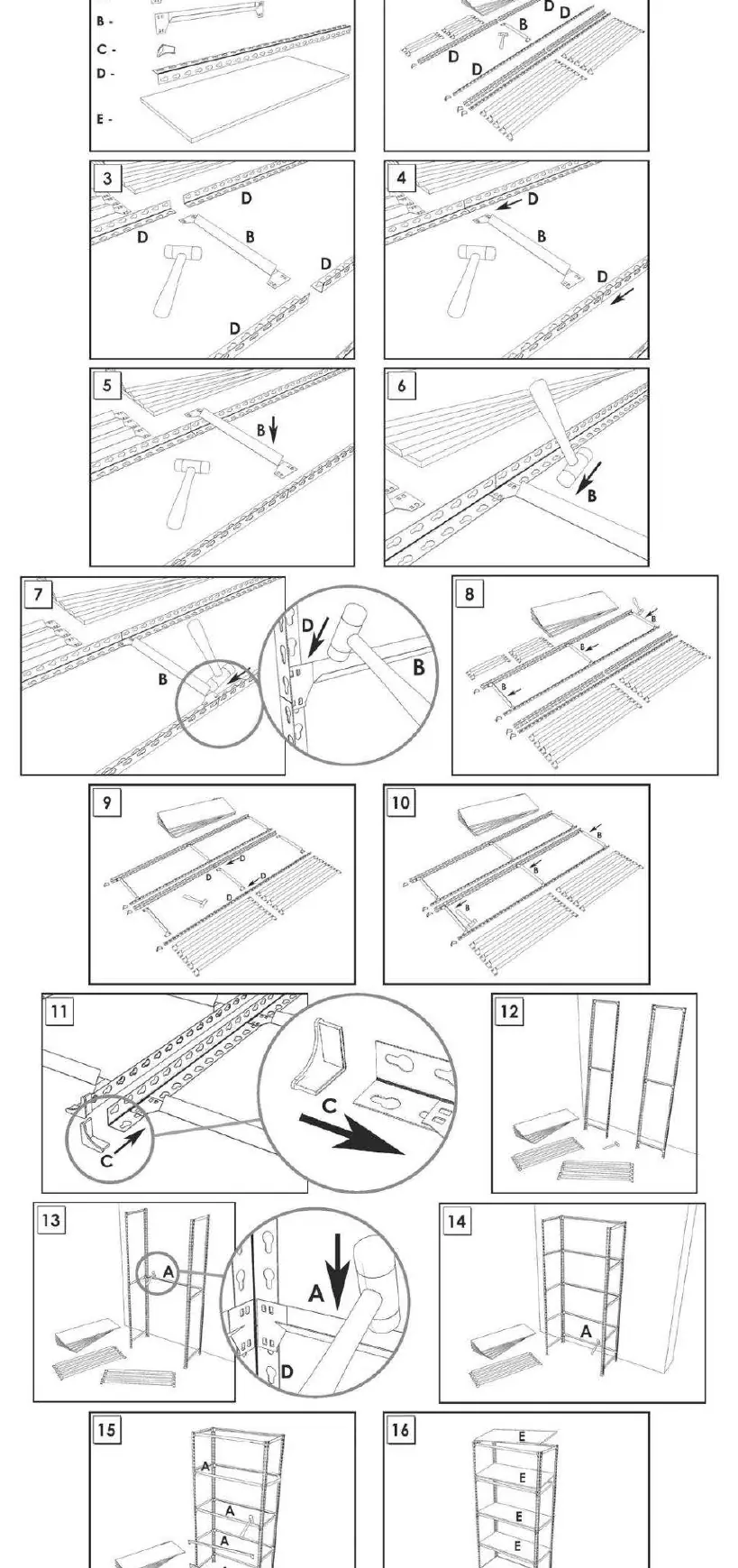 Step-by-step assembly sequence (1-16) using the boltless Maderclick system.