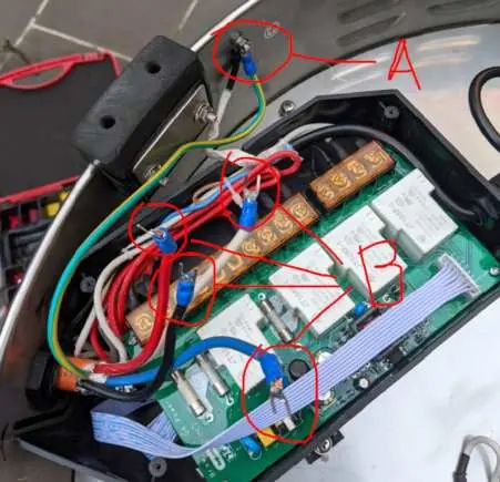 Wiring connections for earth (A) and active/neutral terminals (B).