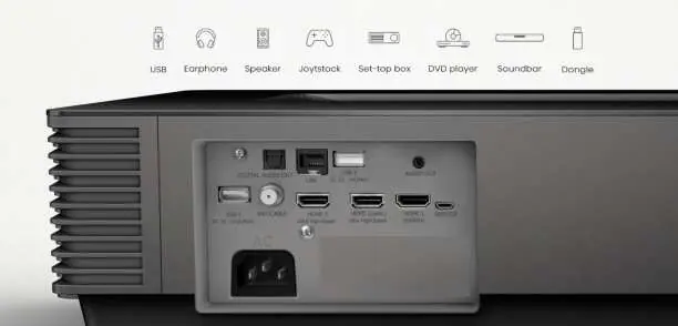 Rear connectivity panel showing HDMI, USB, and audio ports.