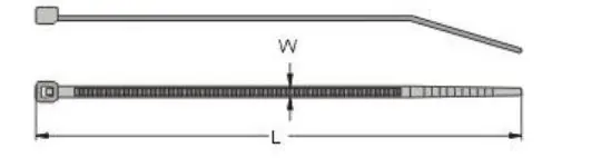 Cable tie dimension diagram showing Length (L) and Width (W).