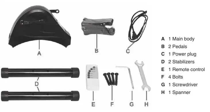 Parts list including main body, pedals, remote, and tools.
