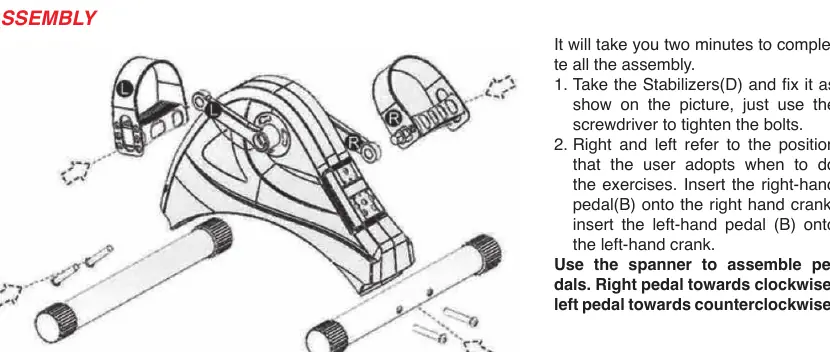 Assembly diagram showing stabilizer and pedal installation.