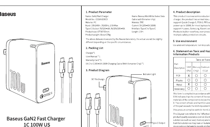 Product Diagram showing the charger, indicator light, and Type-C output.