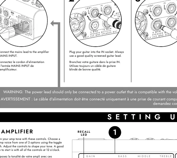 Initial connection steps for power, guitar, and speaker cabinet.