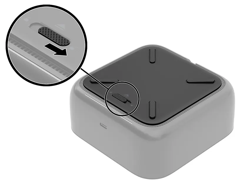 Unlock the base cover by moving the switch in the direction of the arrow.