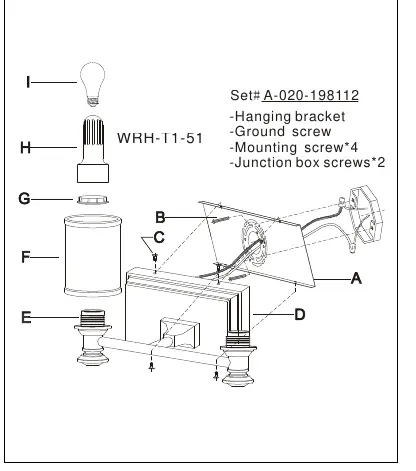 Assembly diagram showing the hanging bracket, back plate, and glass installation.