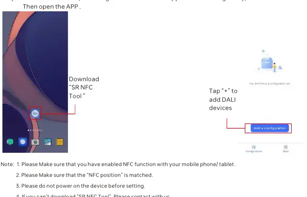 Step-by-step process for adding and configuring the device using the SR NFC Tool app.