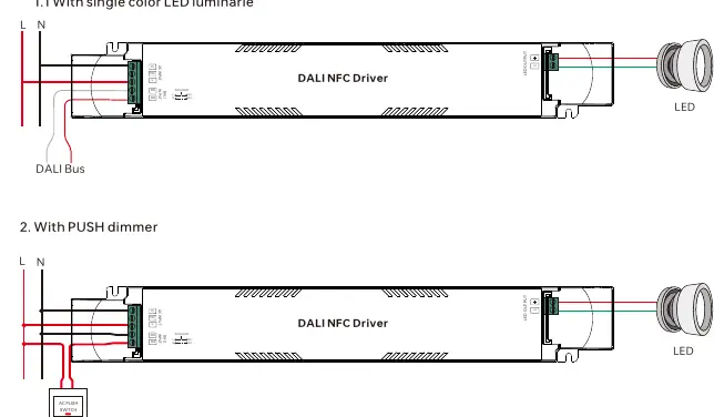 Wiring diagrams for DALI bus and Push dimmer configurations.