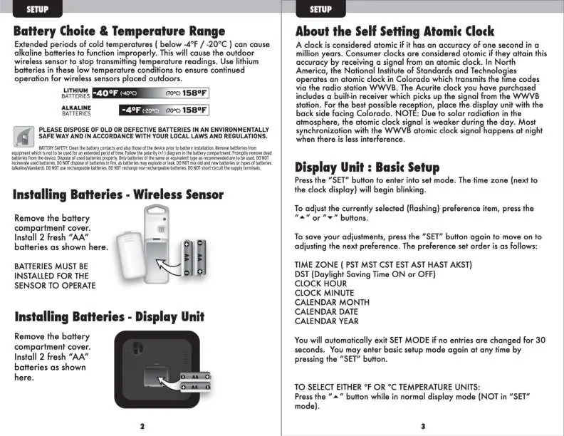 Battery installation for wireless sensor and display unit