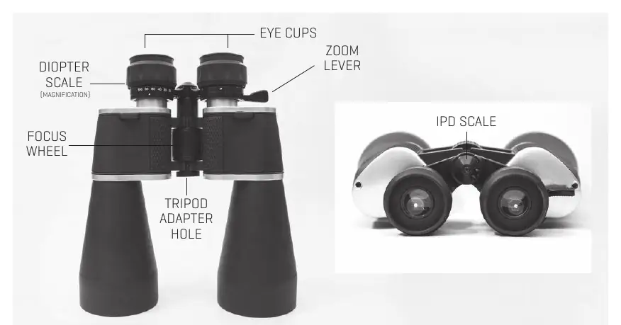 Parts Identification diagram showing the focus wheel, zoom lever, and diopter scale.