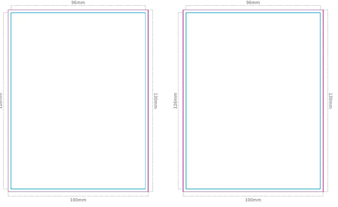Main body template (100x130mm) with cut line and margin indicators.