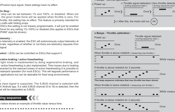 Status and beep sequences for normal operation and throttle calibration.