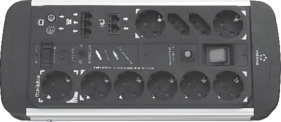 Top view of the Renkforce 1015A-CMB-SXMS power strip showing sockets, switches, and controls.