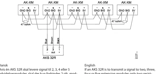 Wiring diagram for connecting one AKS 32R to multiple extension modules.