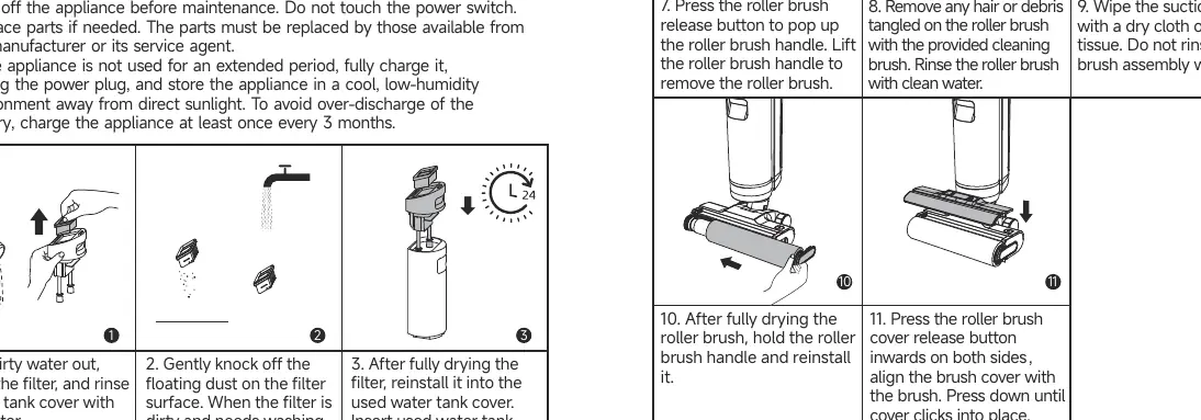 Steps for removing and cleaning the roller brush.