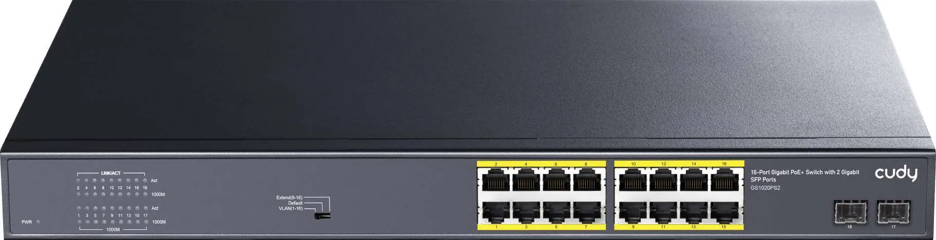 Front panel layout of the Cudy GS 1020PS2 switch showing ports and mode switch.