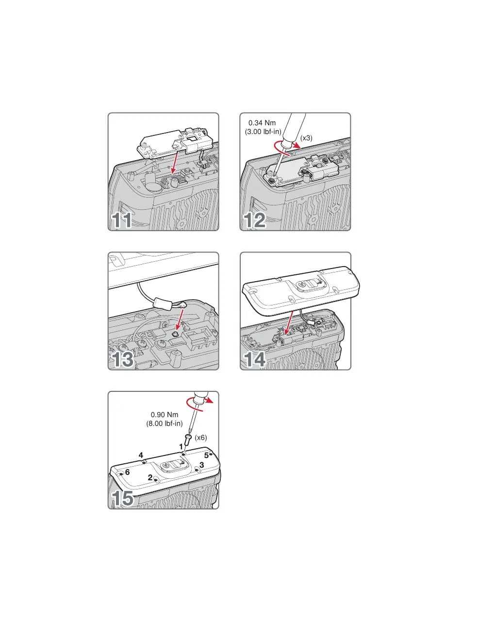 Steps 11-15: Reinstalling the bracket and cover with torque specifications.