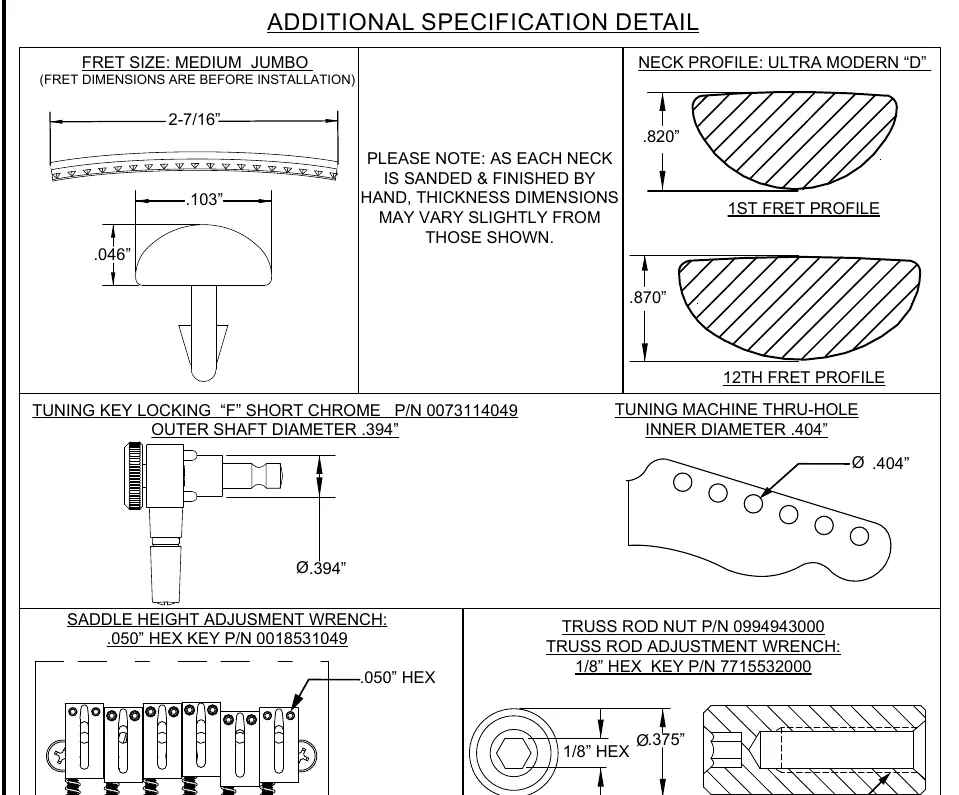Technical specifications for fret dimensions, neck profile, tuning machine dimensions, and adjustment wrench sizes.