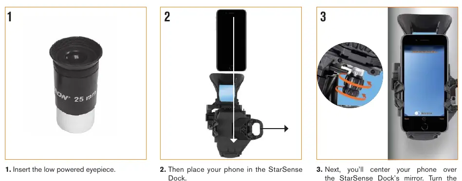 Steps for placing and centering the phone in the StarSense Dock.