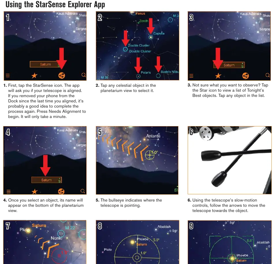 App navigation steps using the bullseye and slow-motion controls.