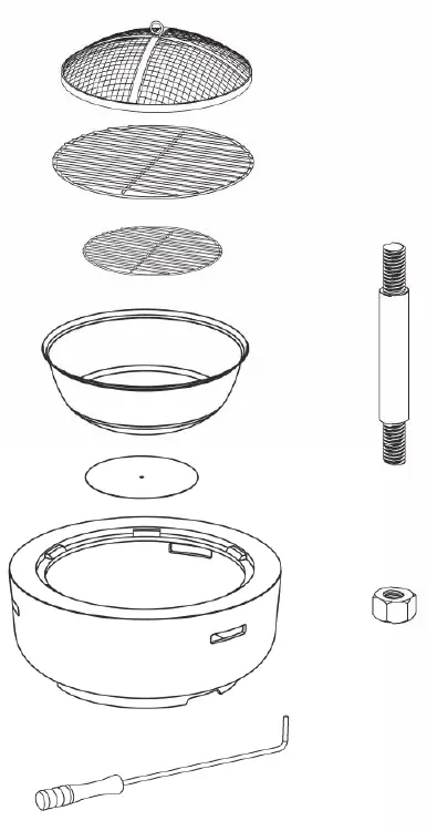 Exploded view of the barbecue assembly components.