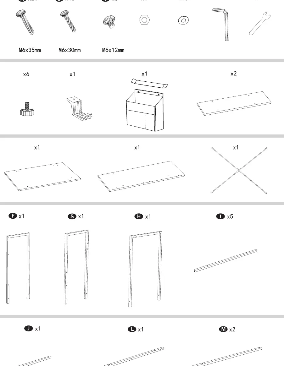 Parts identification including screws, tools, and panels.