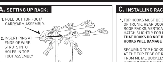 Setting up the rack: folding out feet and inserting pins.