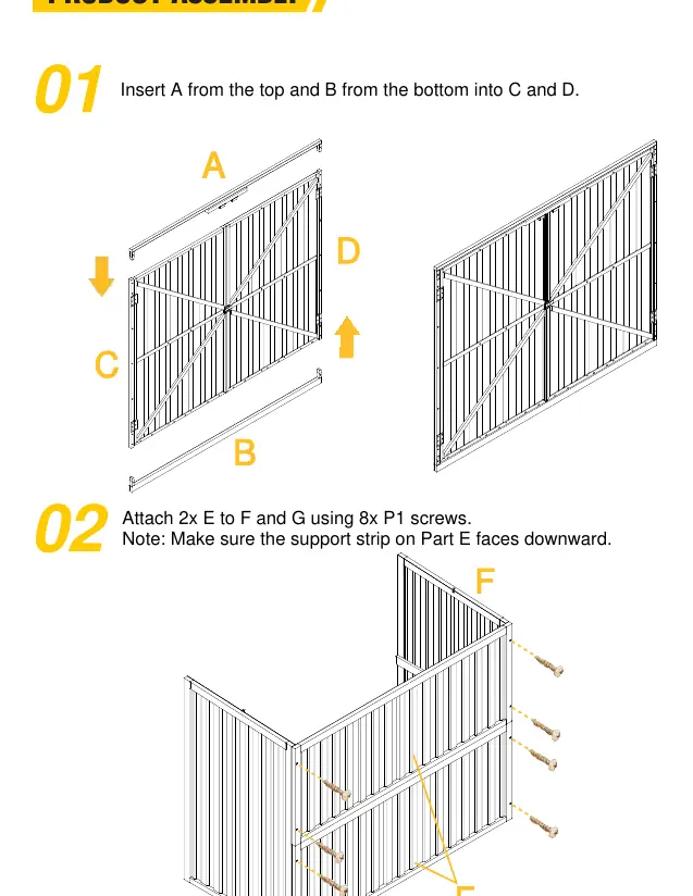 Assembly steps 01 and 02: Connecting panels and attaching back panels.
