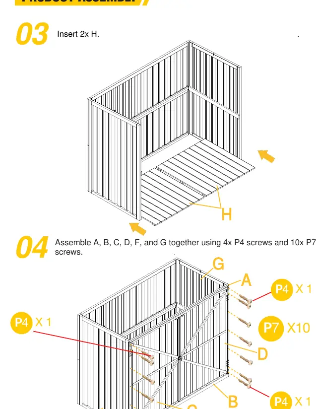 Assembly steps 03 and 04: Inserting bottom panels and securing the main frame.