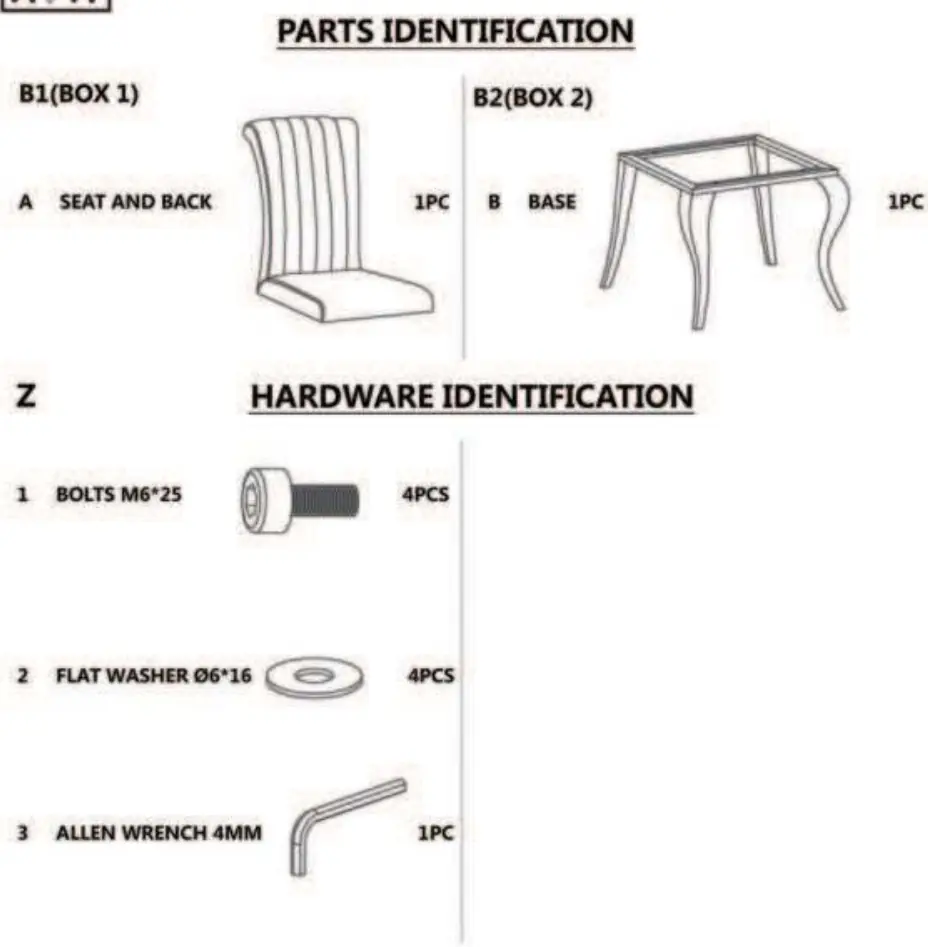 Side chair parts and hardware identification