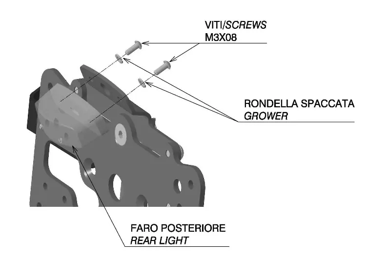 Rear light assembly with screws and washers