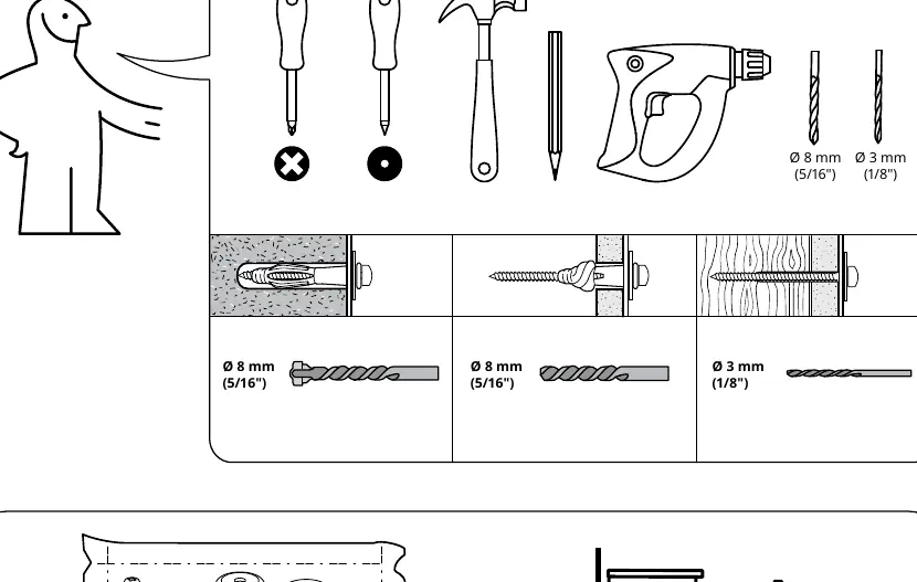 Required tools and wall mounting hardware