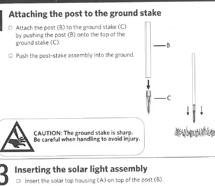 Assembly steps for the solar light post and ground stake.