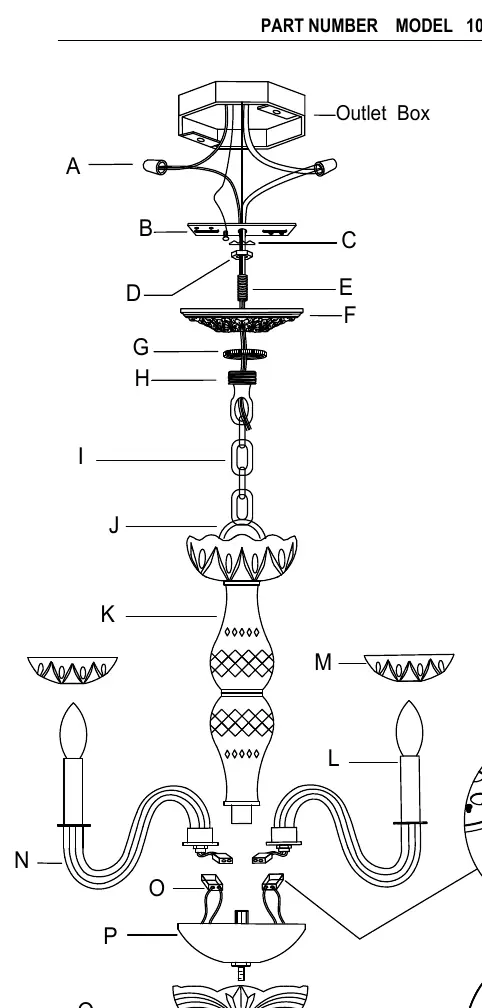 Exploded view of the chandelier parts and assembly structure.