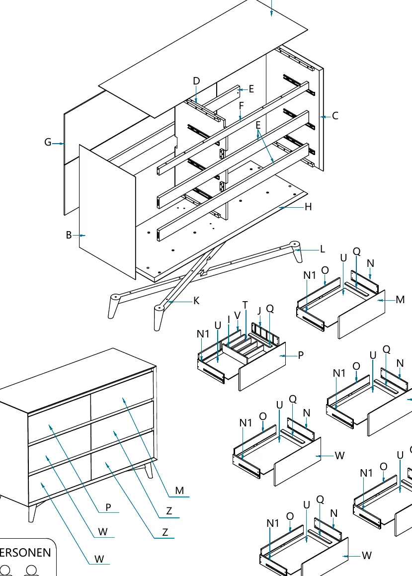 Explosive view of the dresser components