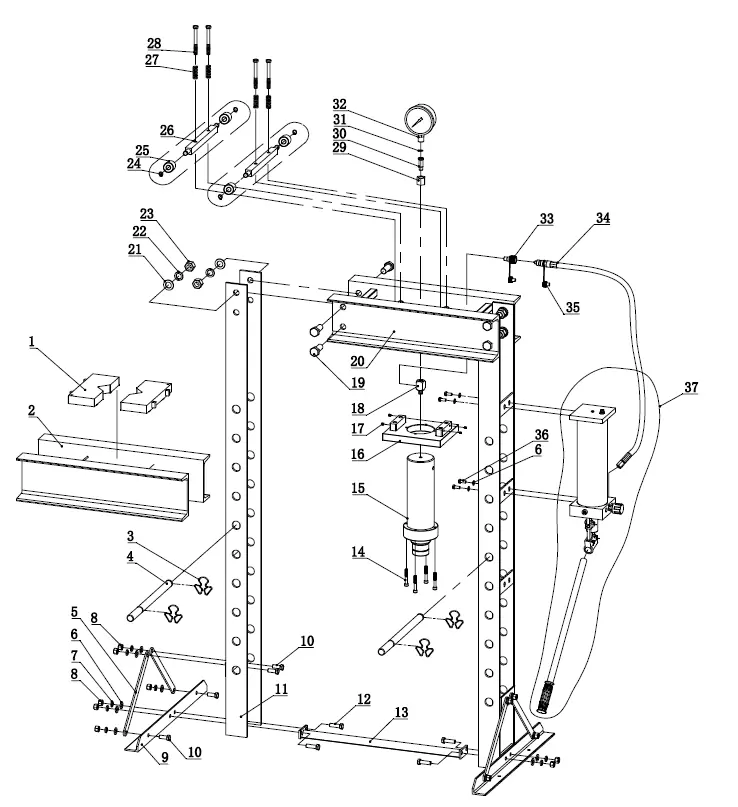 Exploded view of the hydraulic press frame