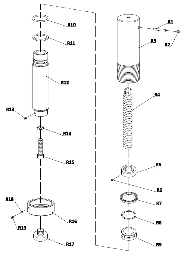 Exploded view of the hydraulic ram
