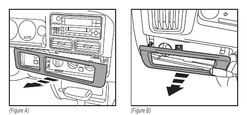 Dash disassembly steps showing trim panel removal and bezel removal.