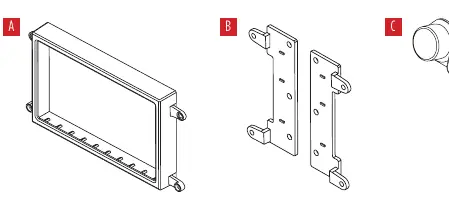 Kit components: Display screen housing, brackets, and blank-out panel.