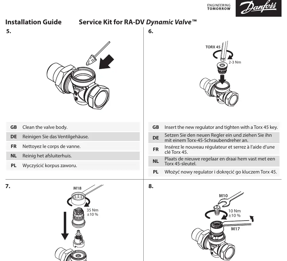 Steps for installing the RA-DV Dynamic Valve service kit, including cleaning the valve body, tightening the regulator with a Torx 45 key, and securing the valve components with...
