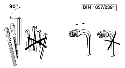 Correct pipe preparation: 90-degree cut and deburring.