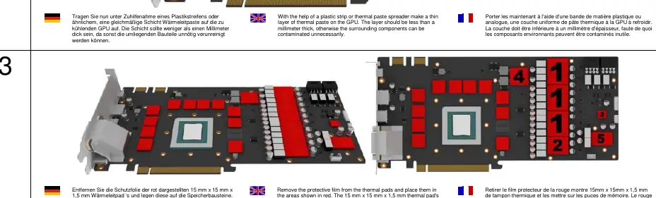 Thermal pad placement on memory chips and voltage converters.