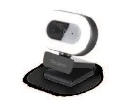 Webcam components including ring light, lens, and touch controls.